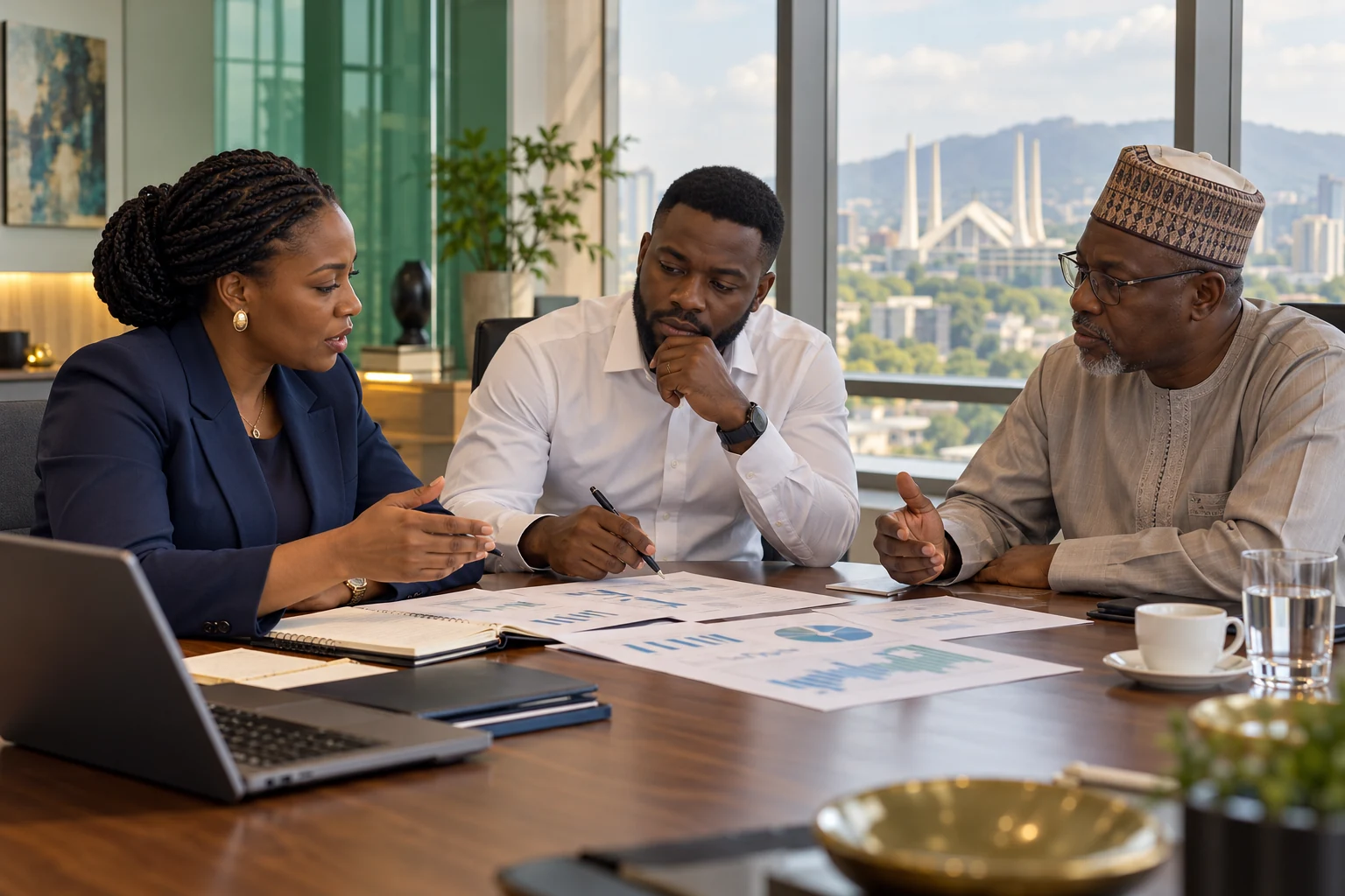 Professionals discussing financial strategy around a meeting table