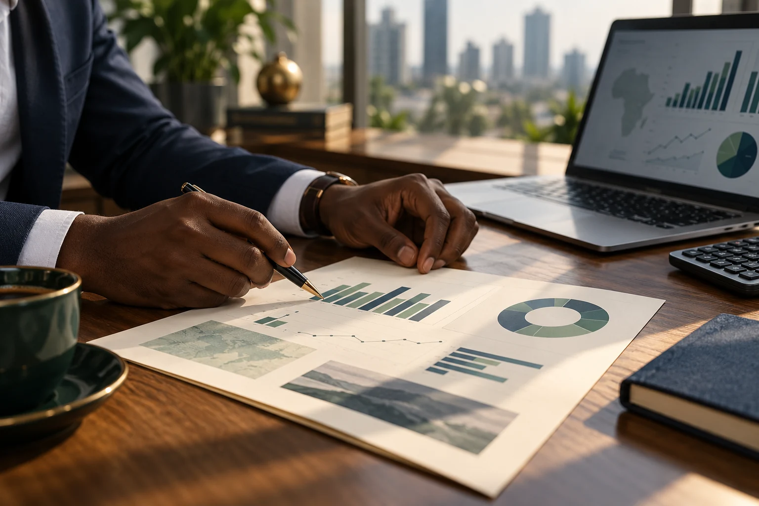 A financial report and analytical tools on a professional workspace